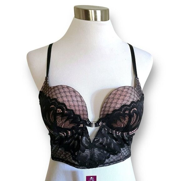 Adore Me 36B Camilla Push Up Bra Black Lace Plunge Underwire Rhinestone Longline - Picture 3 of 8